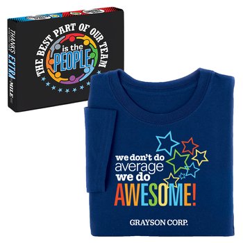 We Don't Do Average; We Do Awesome! Unisex Short-Sleeved T-Shirt in Team Gift Box - SIlkscreened Personalization Available from Positive Promotions
