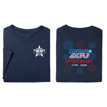 USA 250th Anniversary Fireworks Navy Unisex 2-Sided Short-Sleeved T-Shirt in Gift Box - Silkscreened Personalization Available from Positive Promotions