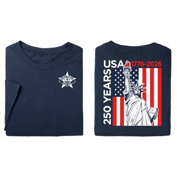 USA 250th Anniversary Flag Navy Unisex 2-Sided Short-Sleeved T-Shirt in Gift Box - Silkscreened Personalization Available from Positive Promotions