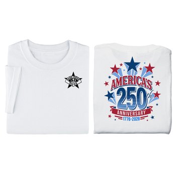 USA 250th Anniversary Stars White Unisex 2-Sided Short-Sleeved T-Shirt in Gift Box - Silkscreened Personalization Available from Positive Promotions