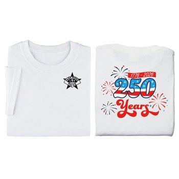 USA 250th Anniversary Firework Celebration White Unisex 2-Sided Short-Sleeved T-Shirt in Gift Box - Silkscreened Personalization Available from Positive Promotions