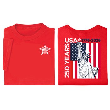 USA 250th Anniversary Flag Red Unisex 2-Sided Short-Sleeved T-Shirt in Gift Box - Silkscreened Personalization Available from Positive Promotions