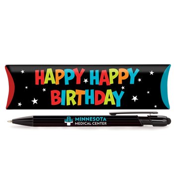 Happy Birthday Metal Stylus Pen in Pillow Box - Full-Color Personalization Available from Positive Promotions