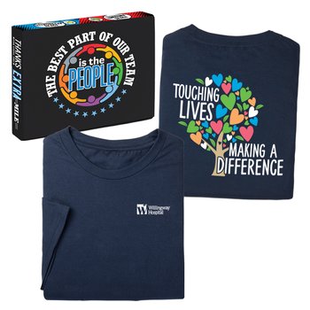 Touching Lives, Making a Difference Unisex 2-Sided Short-Sleeved T-Shirt in Team Gift Box - SIlkscreened Personalization Available from Positive Promotions
