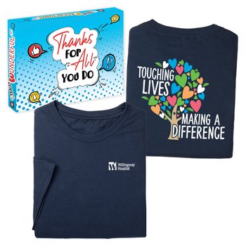 Touching Lives, Making a Difference Unisex 2-Sided Short-Sleeved T-Shirt in Appreciation Gift Box - SIlkscreened Personalization Available from Positive Promotions