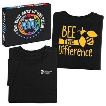 Bee the Difference Unisex 2-Sided Short-Sleeved T-Shirt in Team Gift Box - SIlkscreened Personalization Available from Positive Promotions