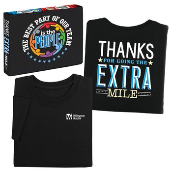 Thanks for Going the Extra Mile Unisex 2-Sided Short-Sleeved T-Shirt in Team Gift Box - SIlkscreened Personalization Available from Positive Promotions