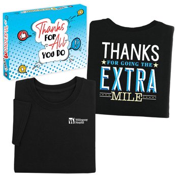 Thanks for Going the Extra Mile Unisex 2-Sided Short-Sleeved T-Shirt in Appreciation Gift Box - SIlkscreened Personalization Available from Positive Promotions