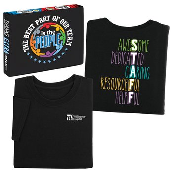 Awesome Staff Acrostic Unisex 2-Sided Short-Sleeved T-Shirt in Team Gift Box - SIlkscreened Personalization Available from Positive Promotions