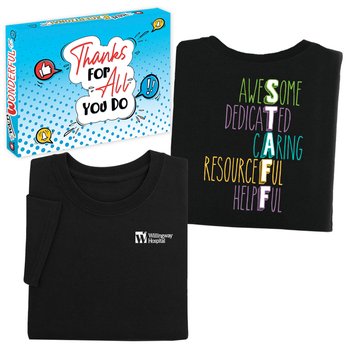 Awesome Staff Acrostic Unisex 2-Sided Short-Sleeved T-Shirt in Appreciation Gift Box - SIlkscreened Personalization Available from Positive Promotions