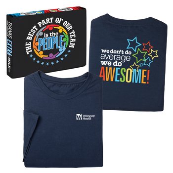 We Don't Do Average; We Do Awesome! Unisex 2-Sided Short-Sleeved T-Shirt in Team Gift Box - SIlkscreened Personalization Available from Positive Promotions