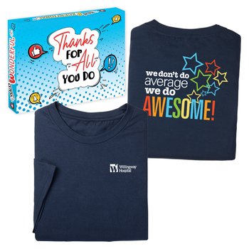 We Don't Do Average; We Do Awesome! Unisex 2-Sided Short-Sleeved T-Shirt in Appreciation Gift Box - SIlkscreened Personalization Available from Positive Promotions