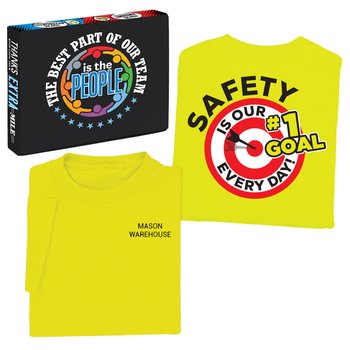 Safety: One Team, Goal Zero Injuries-T-shirt With Teamwork Box from Positive Promotions