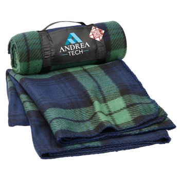 Green/Blue Plaid Roll-Up Eco Blanket With Holiday Gift Tag - Personalization Available from Positive Promotions