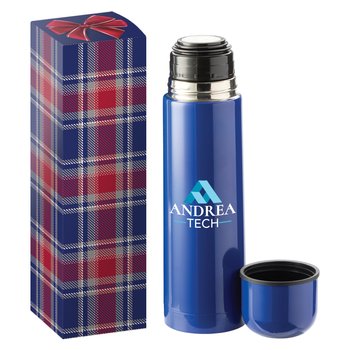 Blue Stainless-Steel Vacuum Thermos 16 oz. With Hot Cocoa In Holiday Gift Box - Personalization Available from Positive Promotions