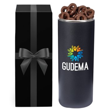 Black 360° Sipper Push & Sip Double-Wall Stainless-Steel Vacuum-Insulated Spill-Proof Tumbler 18 oz. With Chocolate-Covered Pretzels In Holiday Gift Box - Personalization Available from Positive Promotions