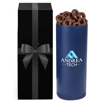 Navy 360° Sipper Push & Sip Double-Wall Stainless-Steel Vacuum-Insulated Spill-Proof Tumbler 18 oz. With Chocolate-Covered Pretzels In Holiday Gift Box - Personalization Available from Positive Promotions