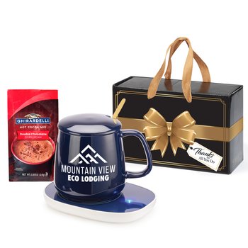 Navy Ceramic Mug & Warmer With Hot Chocolate Gift Set in Holiday Gift Box - One-Color Personalization Available from Positive Promotions