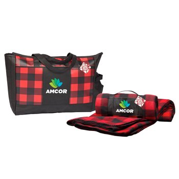 Buffalo Plaid Cooler Tote With Pocket & Roll-Up Eco Blanket Gift Set In Holiday Gift Wrapper - Personalization Available from Positive Promotions