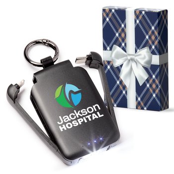 Black 3-in-1 2,000-mAh Mini Power Bank With LED Light Key Ring in Holiday Gift Box - Personalization Available from Positive Promotions