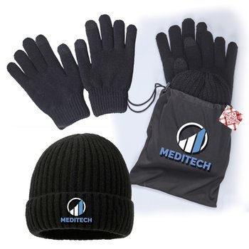 Warm Thanks For All You Do! Fleece-Lined Knit Beanie & Touchscreen Gloves In Pouch With Holiday Gift Tag - Embroidered Personalization Available from Positive Promotions