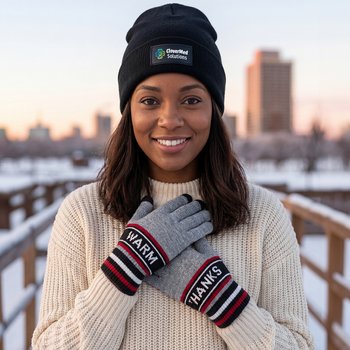 Warm Thanks For All You Do! Touchscreen Gloves & rPET Beanie In Pouch - Personalization Available from Positive Promotions