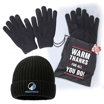 Fleece-Lined Knit Beanie & Touchscreen Gloves In Pouch With Holiday Gift Tag - Personalization Available from Positive Promotions