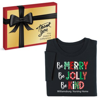 Be Merry, Be Jolly, Be Kind Unisex Short-Sleeved T-Shirt In Appreciation Gift Box - Silkscreened Personalization Available from Positive Promotions