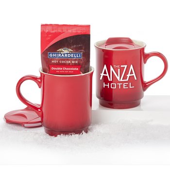 Red Gradient Ceramic Mug 14 oz. With Cocoa In Holiday Gift Box - One-Color Personalization Available from Positive Promotions