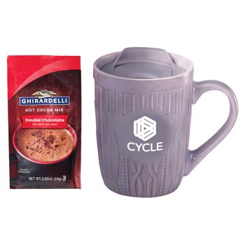 Warm Thanks For All You Do Cable-Knit Pattern Lidded Ceramic 12-oz. Mug With Cocoa - One-Color Personalization Available from Positive Promotions