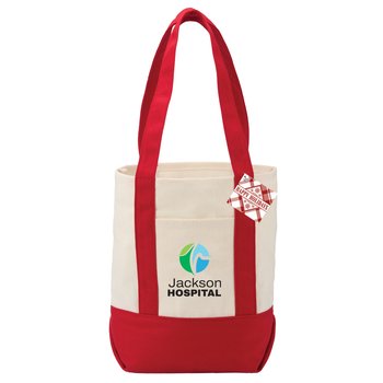 Natural/Red Cotton Canvas Market Tote Bag With Holiday Gift Tag - Personalization Available from Positive Promotions
