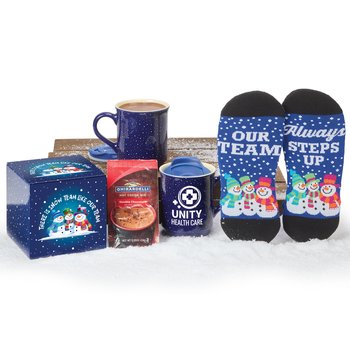 Navy Warm Socks & Hot Chocs Gift Set in Holiday Gift Box - One-Color Personalization Available from Positive Promotions