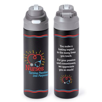 Nurses: Turning Passion Into Purpose Sip+Chug Double-Wall Stainless-Steel Vacuum-Insulated Water Bottle 24 oz. With Carry Handle from Positive Promotions
