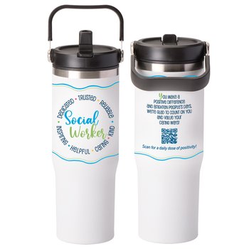 Social Worker Words in Circle/Daily Dose of Positivity QR Coldflow Double-Wall Flip-Straw Bottle 30 oz. With Carry Handle from Positive Promotions