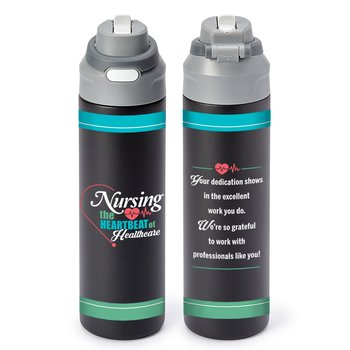 Nursing: The Heartbeat of Healthcare Sip+Chug Double-Wall Stainless-Steel Vacuum-Insulated Water Bottle 24 oz. With Carry Handle from Positive Promotions