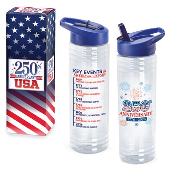 USA 250th Anniversary Fireworks Water Bottle 24 oz. With Key Events on Back in Gift Box from Positive Promotions