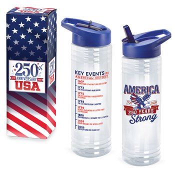 USA 250th Anniversary Eagle Water Bottle 24 oz. With Key Events on Back in Gift Box from Positive Promotions