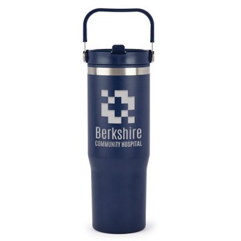 Navy Coldflow Double-Wall Flip-Straw Bottle 30 oz. With Carry Handle - Laser-Engraved Personalization Available from Positive Promotions