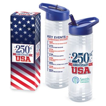 USA 250th Anniversary USA Water Bottle 24 oz. With Key Events on Back in Gift Box - Personalization Available from Positive Promotions