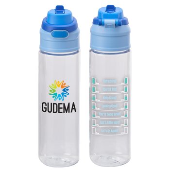 Clear/Blue Tritan Dual-Sip Water Bottle 28 oz. With Carry Handle & Hydration Messages - Personalization Available from Positive Promotions