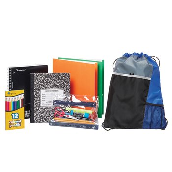 Blue Drawstring Cinch Top Backpack With Budget Back-to-School Supply Kit: Grades 3-5 - Personalization Available