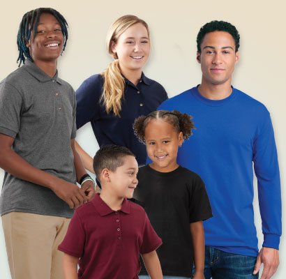 Affordable apparel including uniforms, t-shirts, sweats and more