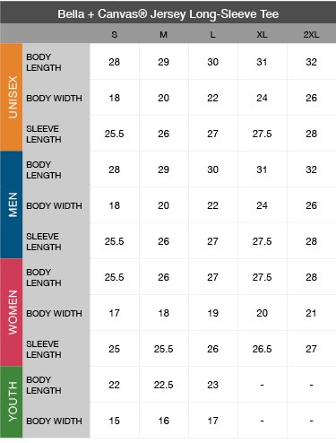 Bella + Canvas Jersey Long Sleeve T-Shirt Size Chart