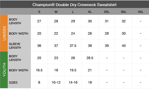 Champion Double Dry Eco Crewneck Sweatshirt Size Chart