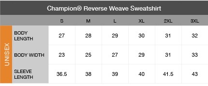 Champion Unisex Reverse Weave Sweatshirt Size Chart
