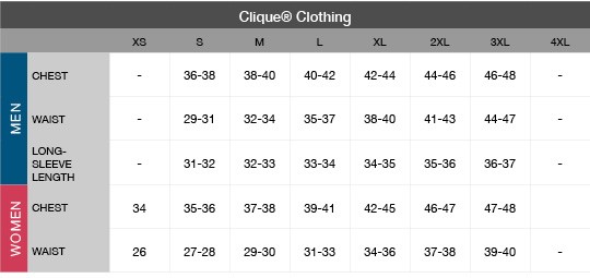 Clique Apparel Size Chart