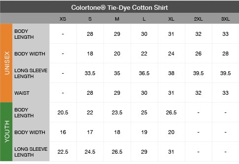 Colortone Tie-Dye Cotton Shirt Size Chart