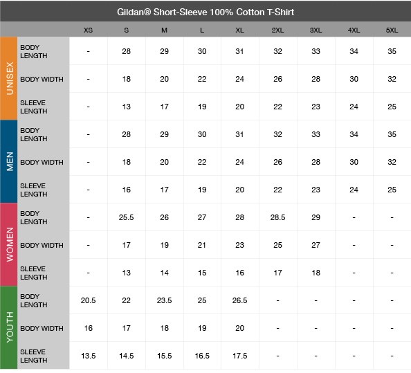Gildan Short-Sleeve 100% Cotton T-Shirt Size Chart