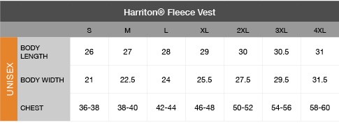 Harriton Fleece Vest Size Chart