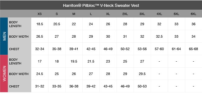 Harriton Pillblock V-Neck Sweater Vest Size Chart